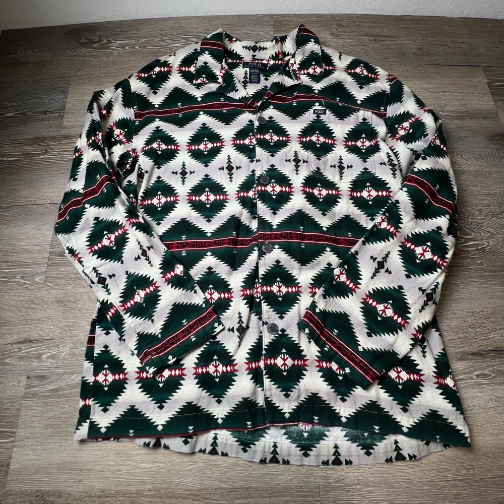 Polo Ralph Lauren Pajama Shirt Mens Large Green Aztec Southwestern Flannel Top‎